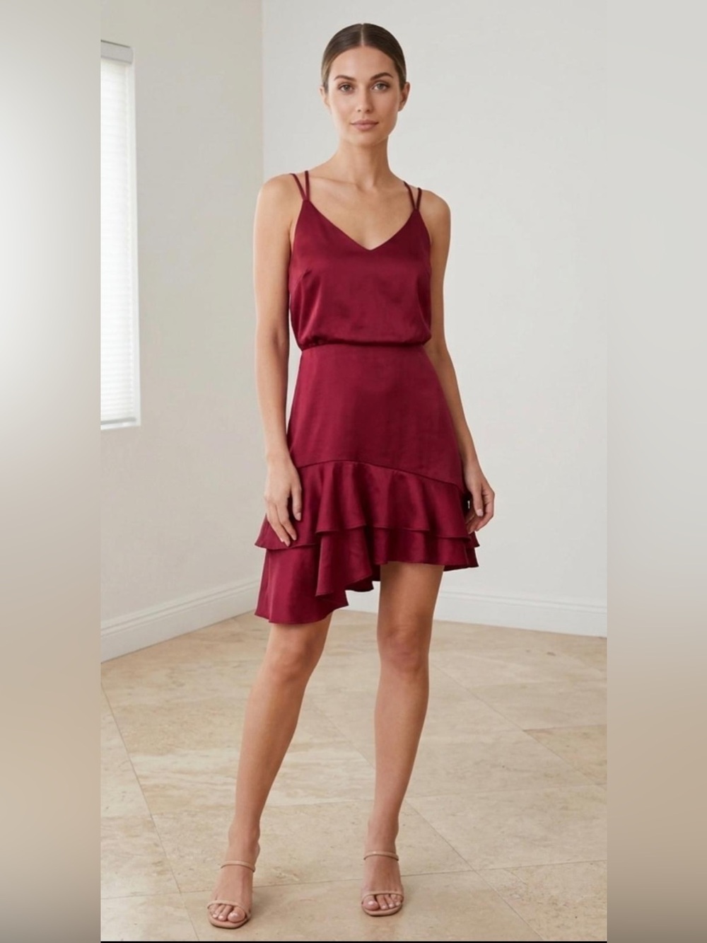 Lulus Satin Mini Dress Womens Wine Red Ruffle Hem Spaghetti Strap Party Size L